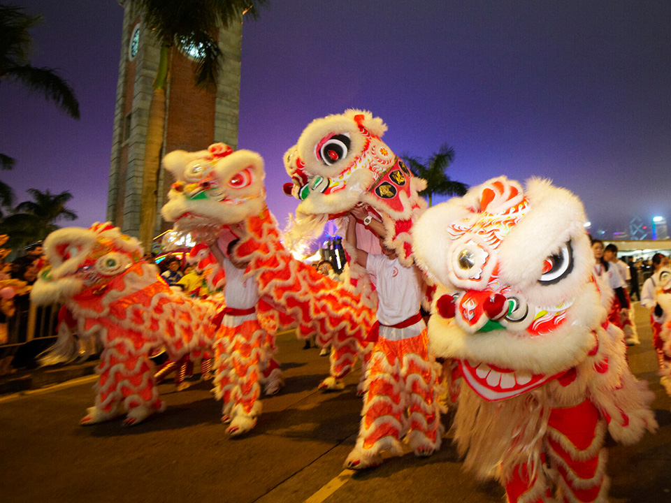 尖沙咀钟楼旁喜庆的舞龙舞狮表演，带来热闹欢乐的氛围。